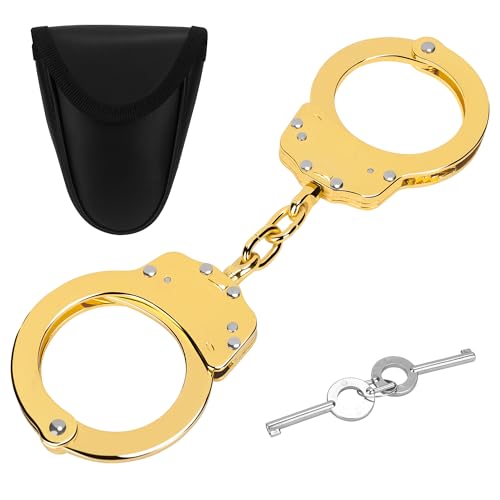 Yoghourds Double Lock Handcuffs, Adjustable Heavy Duty Steel Wrist Cuffs with 2 Keys & Handcuffs Holster in Police Edition Professional Grade - Gold Plating
