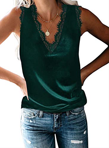 BLENCOT Womens Casual Lace Velvet Eyelash Tank Tops V Neck Loose Fit Flowy Sleeveless Shirts Blouses Office Green S