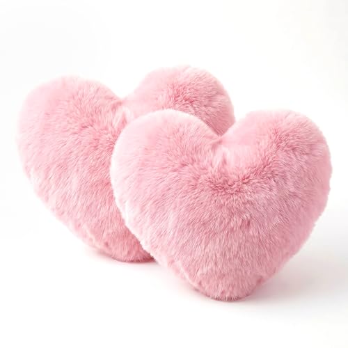 Kuleyang 2 Pack Pink Heart Cushions Soft Fluffy Heart Shaped Throw Pillows Faux Fur Decorative Cushions for Bed Sofa Chair Cute Bedroom Living Room Decor Valentine Gift