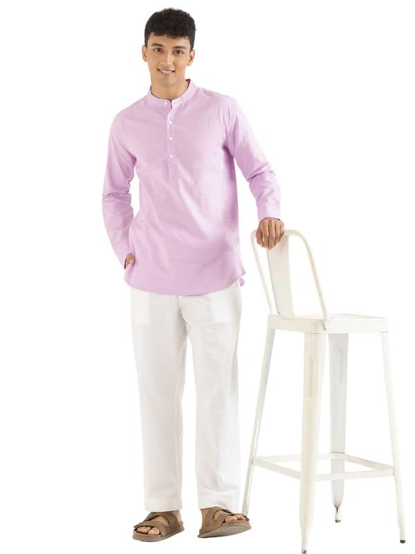 Image of SAADAA Men's Short Kurta - Linen Cotton Blend, Airy Fabric, Regular Fit, Mandarin Collar, Solid Color - Casual, Festive & Ethnic Wear