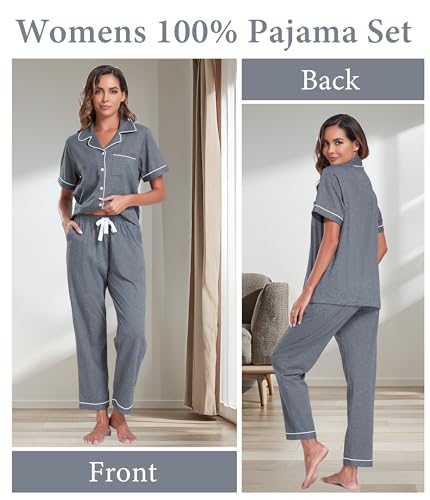 Image of CF Womens 100% Cotton Pajamas Set Button Down Pjs Sets Short Sleeve Top & Long Pants Sleepwear Comfy Loungewear with Pockets