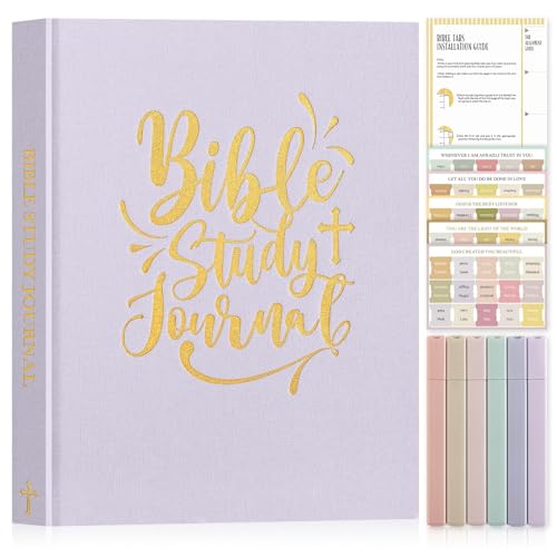Lanpn Bible Study Guide Journals for Women with Tabs & Highlighters Church Notes Taking Daily Devotional Journaling Linen Bible Prayer Notebook Christian Religious Faith Based Gifts Purple
