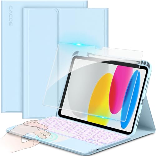 CACOE Funda Teclado Compatible con iPad 10 10.9 Pulgadas 2022 A2757/A2777 con Touchpad, Iluminación de 7 Colores Desmontable Teclado Español Inalámbrico con Película Protectora Azul Cielo