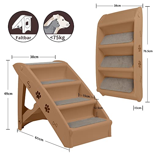 LZQ Hundetreppe Katzentreppe für Kleine Hunde Klappbar PP-Kunststoff Haustiertreppe 50cm Hoch mit Rutschfesten Stufen Hunderampe Sofa für Hunde und Katze zum Klettern und Kratzen, Braun