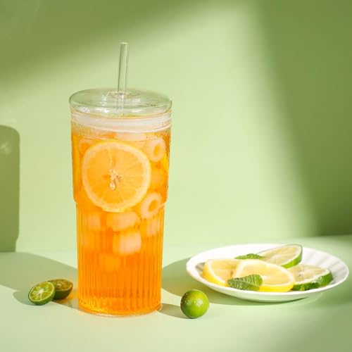 Image of Ash & Roh 550ml Large Ribbed Glass Cup with Straw, Reusable Glass Tumbler with Lid for Iced Coffee, Bubble Tea, and Smoothies (Pack of 1)