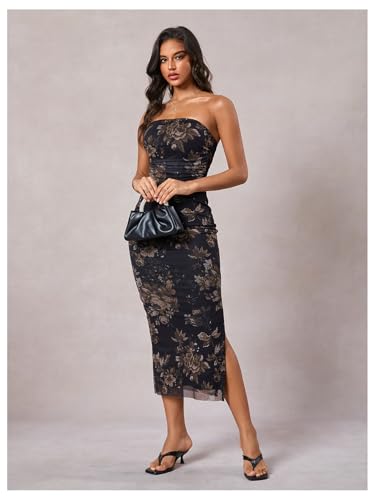 Image of Milumia Women's 2026 Summer Floral Bodycon Maxi Dress Strapless Tube Top Long Dresses Wedding Guest Party