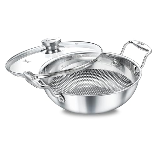 Image of Prestige Tri-Ply Designer Stainless Steel Cookware Kadai | 20cm / 1.6L | with Glass Lid | Durable & Even Heat Distribution | Silver