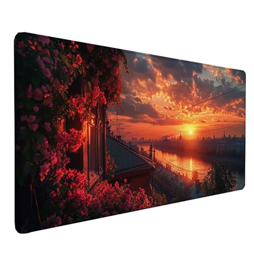 Tapis de souris XXL 70x30cm motif coucher de soleil rouge avec bords cousus