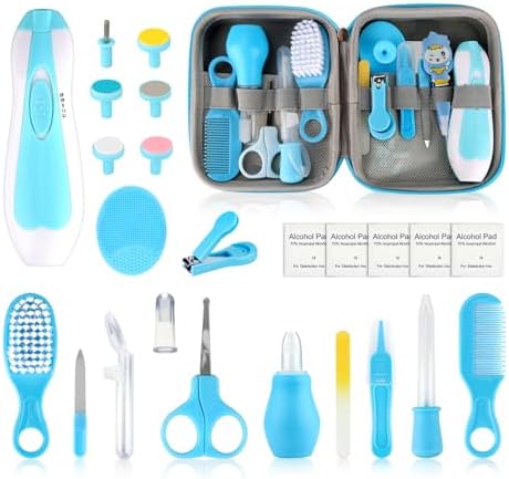 Baby Grooming Kit – 26 in 1 Nursery Essentials Baby Registry Shower Gift for Newborns, Infants, Toddlers, Boys, Girls Kids-Safety Baby Comb, Brush, Finger Toothbrush, Nail Clippers, Scissors(Blue)