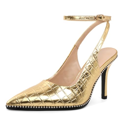 Soireelady Women's Slingback Heels Ankle Strap Pointed Toe Stilettos High Heel Beaded Pumps Dress Shoes 3.5 Inches