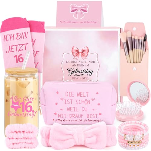 MIRTHIA Geschenke f&uuml;r 16 J&auml;hrige M&auml;dchen - Geschenk 16 Jahre M&auml;dchen mit Glas Haarband Pinselset Makeup Kosmetiktasche Haarb&uuml;rste Armband Socken 16 Geburtstag M&auml;dchens Geschenk M&auml;dchens 16 Jahre