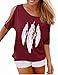 Produktbild GNRSPTY Damen Sommer T-Shirt Kurzarm Feder Schulterfrei Bluse Casual Tops Lose T-Shirt,Rot 1,XL