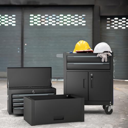 COSTWAY Large Tool Cabinet, Lockable Metal Tool Chest Combo with Detachable Top Cabinet, Wheels, 6 Drawers & Hooks, Heavy-duty Rolling Toolbox Trolley (3-in-1, with Middle Compartment, Black) 2 COSTWAY Large Tool Cabinet, Lockable Metal Tool Chest Combo with Detachable Top Cabinet, Wheels, 6 Drawers & Hooks, Heavy-duty Rolling Toolbox Trolley (3-in-1, with Middle Compartment, Black) - Image 2