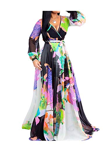 Image of lvenzse Womens Maxi Dress Boho Chiffon Floral Printed V-Neck Long Dresses