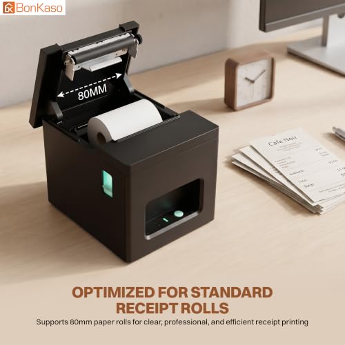 Image of BonKaso BKT04 80mm Thermal Receipt Printer POS Bill Printer 200mm /s High Speed ESC /POS with Auto Cutter USB LAN WiFi BT Connectivity for Retail Restaurant Warehouse Pharmacy 12x16x12cm Black