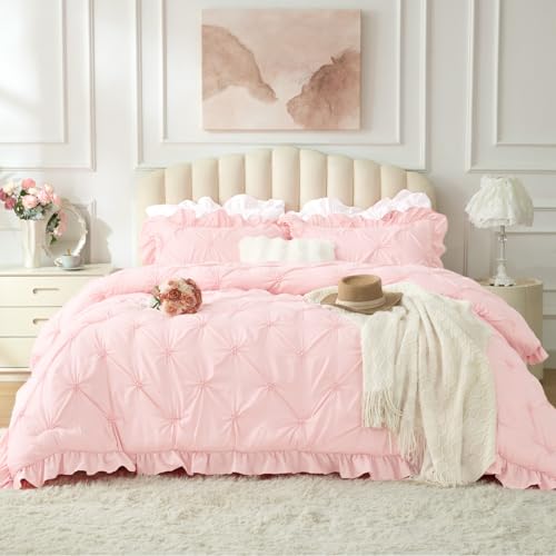 Image of BEDELITE Twin Comforter Set Ruffle-Baby Pink,Lightweight & Soft Comforter | Pintuck Boho Bedding, Warm & Cute Bed Set for All Season,With 1 Pillowcase