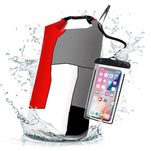 Waterproof-Dry-BagRoll-Top-Red-and-Black-Geometric-Waterproof-Backpack-5L10L20L-Floating-and-Lightweight-Bags-for-Kayaking-Boating-Fishing-Swimming-and-Camping-with-Waterproof-Phone-Case