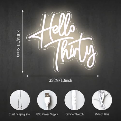 Image of Hello Thirty Neon Sign, LED Neon Signs for Thirty Birthday Anniversary Backdrop, 30th Birthday Party Decor Favors Neon Lights for Couple Anniversary and Birthday Party Decoration