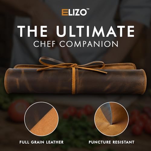 Image of ELIZO Leather Knife Roll Bag Professional Chef Knife Case, Durable Sheath Holder, Cooks & Culinary Tools Carrying Storage, Portable Wrap - 6 Slots