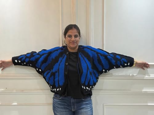Image of Monarch Butterfly Wing Cardigan, Blue and Black Crochet Knit, Batwing Sleeve, Button-Front Shrug Jacket for Women
