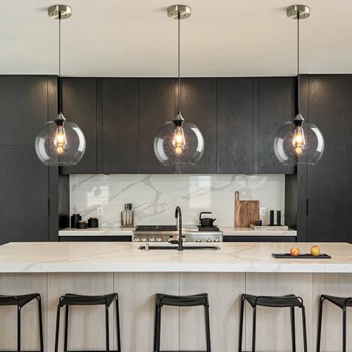 Image of Clear Glass Pendant Lights Kitchen Island Lighting Globe Pendant Light Fixtures Modern Pendant Lighting for Kitchen Island Bedroom Living Dining Room Light Fixture(9.84in, 3-Pack)