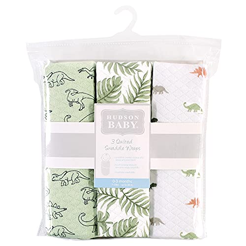 Image of Hudson Baby Unisex Baby Quilted Cotton Swaddle Wrap 3pk, Dinosaur, 0-3 Months