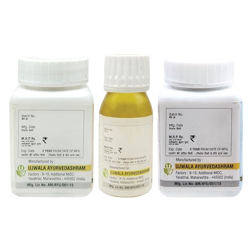 Ujwala Ayurvedashram Lecor capsule, Livcon Capsule and Lecor Oil Combi Kit For Leucoderma, Vitiligo and White patches(3 Items in the set), 3 count