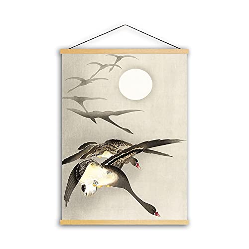 Toile Décoration de la maison Peinture à l'encre rétro Affiche d'animaux Imprimer des photos Art mural Défilement en bois Peinture suspendue Oiseau Lune Fond de chevet 50x70cm (Avec bois) Cover