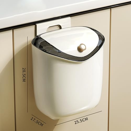 Image of House of Quirk plastic Hanging Kitchen Trash Can With Lid, Open Lid Design, Dual Sided Kitchen Trash Can, Kitchen Cabinet Door Hanging Wall Storage Bucket (9 Litre, Cream)