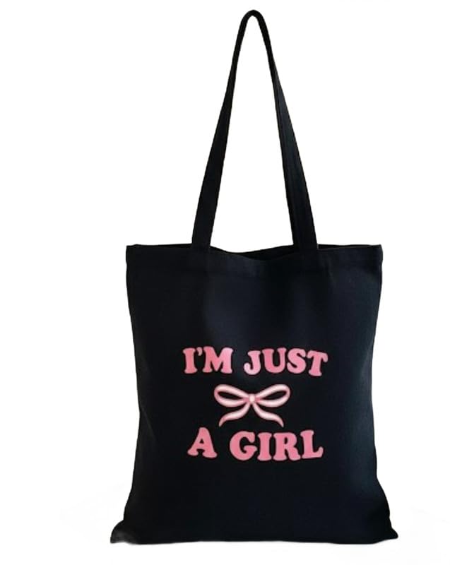 Women Canvas Tote Bag | Reusable Shopping & Daily Use Handbag | Strong Fabric Carry Bag | Size 14 x 16 Inches | Colour -Black With I'M JAST A GIRL PRINT