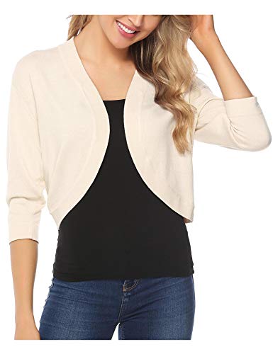 iClosam Women Open Front Cardigan 3/4 Sleeve Cropped Bolero Shrug Cardigan Sweater Beige