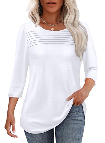OFEEFAN Early Fall Fashion Womens Tops for Teachers 3/4 Length Sleeve Blouses Dressy Casual Plus Size Shirts Spring Summer Outfits Beach Vacation Clothes White XL