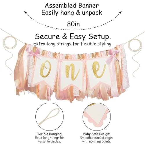 Image of Pre - strung Pink Highchair Banner - 1st One Birthday Highchair Banner for Princess Girls ONE Baby Shower Room Party Decor