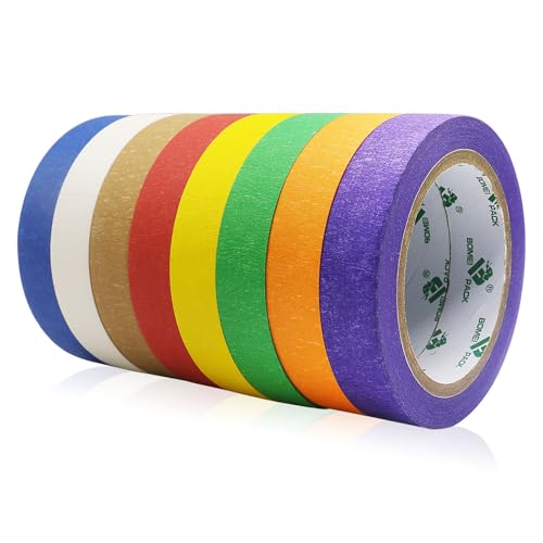 BOMEI PACK 8 Rolls Rainbow Colored Masking Tape, 1inch x 180ft Each roll Craft Painter Tape for Arts,Craft,Labeling Colorful