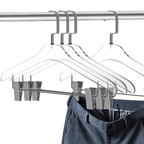 Quality Clear Acrylic Skirt Pant Hangers With Clips – 4 Pack, Stylish Clothes Hanger With Silver Hooks - Coat Hanger For Dress, Suit - Closet Organizer Adult Hangers - Cloth Hangers (Silver Hook, 4) #TOP2
