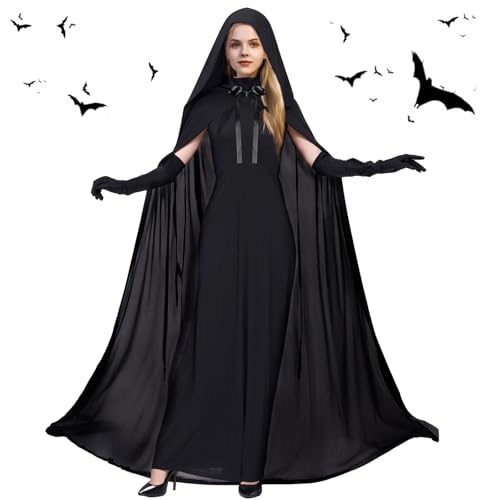 Halloween Kostüm Damen Geister- Geisterbraut Königin Kostüm Schwarze Böse Königin Umhang Abendkleid mit Kapuze, Horror Lange Vampir Kleid Hexen...