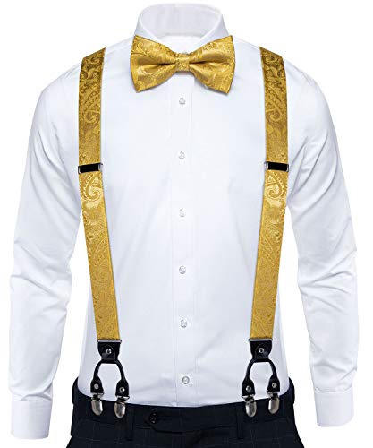 Image of DiBanGu Paisley Bow Tie and Supenders for Men Tuxedo Heavy Duty 6 Clips Suspender Adjustable Y-Shape Mens Trouser Braces