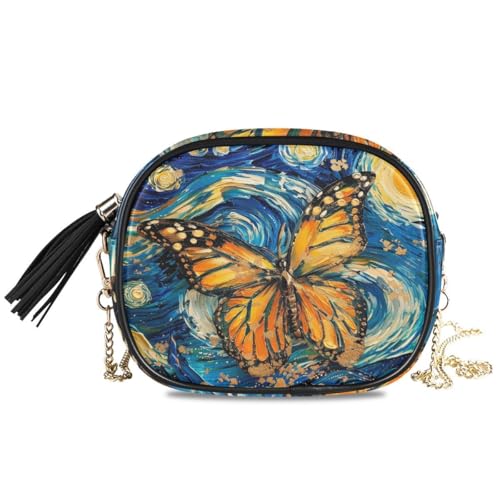 ALAZA Women's Butterfly Starry Night Galaxy PU Leather Crossbody Bag Shoulder Purse with Tassel