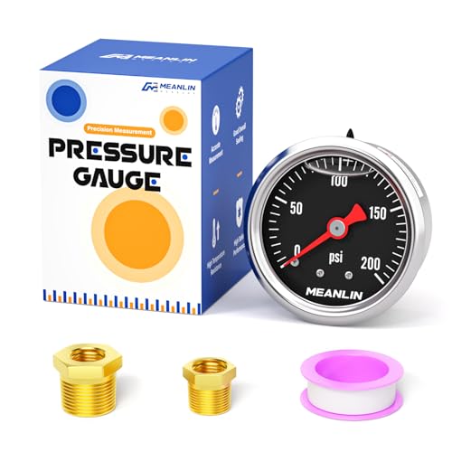 MEANLIN MEASURE 0~200Psi Stainless Steel 1/8" NPT 1.5" FACE DIAL, Glycerin Filled Pressure Gauge, Liquid Filled, Black Mount(Black) with 1/4" NPT and 3/8" NPT Hex Bushing