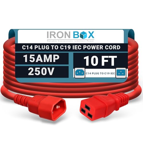 Image of IronBox Electric - Heavy-Duty C14 to C19 Power Cord, 15A, 250V, 14 /3 SJT - IEC60320 PC Cable for Computer Extensions, Monitor, PSU - C14 Male to C19 Female Connector Power Cable - (Red 10 Foot)