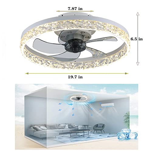 Jlpan Ceiling Fan With Lights, Led Remote Control 3 Color Dimmable 6 Wind Speeds Reversible Rotate, Invisible Blades Flush Mount Ceiling Light, Low Profile Enclosed Ceiling Fan,19.7'', White #TOP7