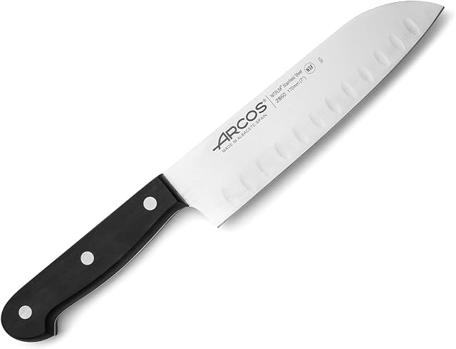 ARCOS Santoku Knife 7 Inch Stainless Steel. Japanese Sharp Knife for Fish, Meat and Vegetables. Ergonomic Polyoxymethylene Handle and 170mm Blade. Series Universal. Color Black