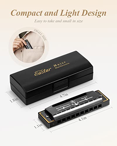 Eastar Major Blues Harmonica, 10 Holes C Key Beginner Harmonica For Kids Children Adults Students, With Hard Case And Cloth, Black #TOP3