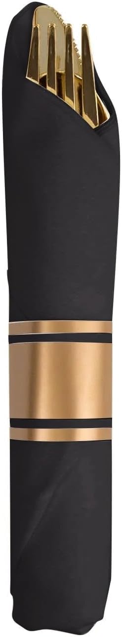 Efavormart 24 Pack Pre-Rolled Gold Plastic Silverware with Black Napkins, Heavy Duty Disposable Cutlery Set Wrapped with Band for Wedding, Party, Catering (Includes Fork, Knife, Spoon)