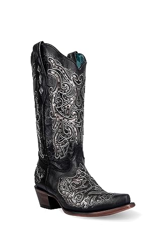 CORRAL LADIE'S BLACK/SILVER INLAY & EMBROIDERY & STUDS, CORRAL 43.8 X 34.8 X 11.0 SOLE,COWHIDE LEATHER, WESTERN BOOT, Z5174