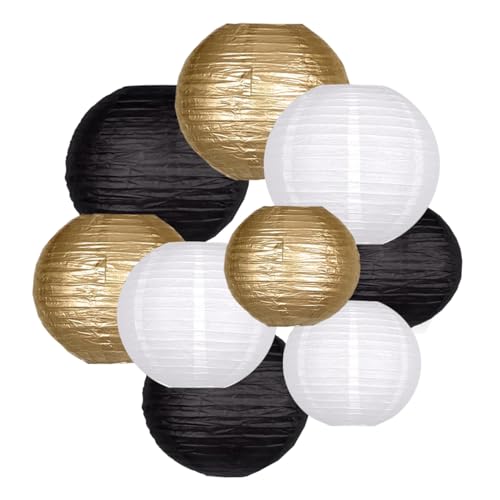 Image of Black Gold white Paper Lanterns Decorations for Graduation Anniversary New Year Farewell Retirement Birthday Party Graden Decor 9pcs