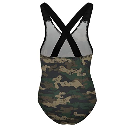 Retro Camouflage Girl's One Piece Swimsuit Quick Dry Bathing Suit Cross Back Straps Swimwear 12-14Y（170cm）2