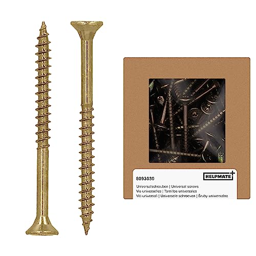 HELPMATE - Vis universelles tête fraisée 4x50 passivées jaune - 200 vis à bois avec entraînement en T et filetage partiel - Boulons pour panneaux de particules pour l'intérieur & l'extérieur protégé