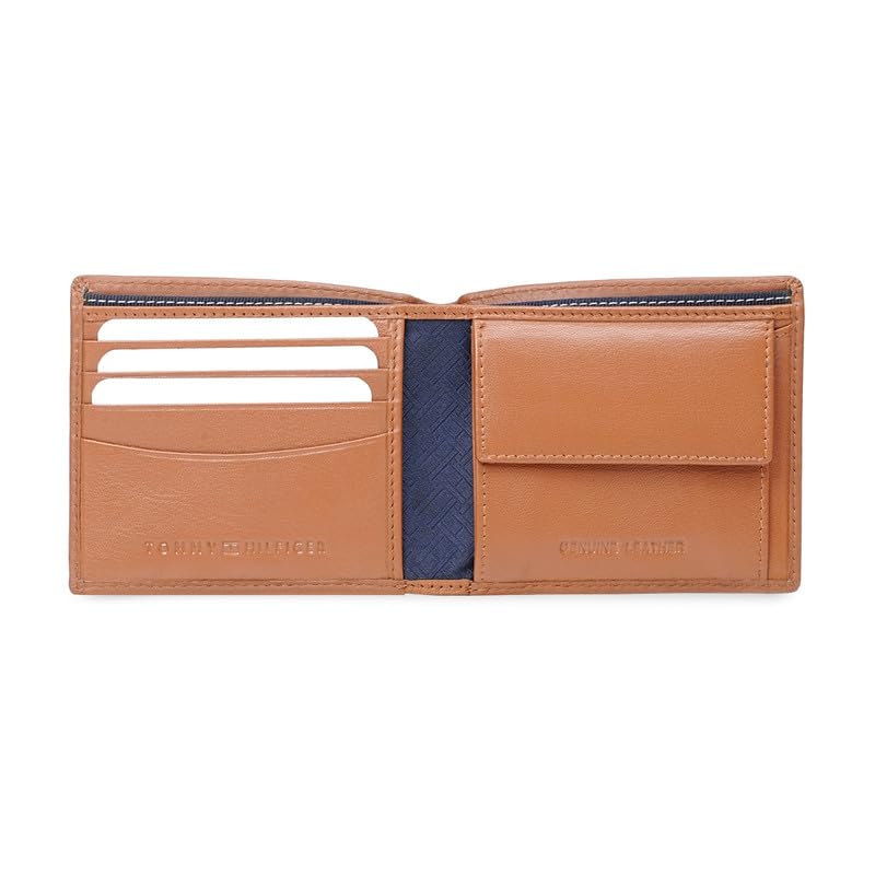 Image of Tommy Hilfiger Men's Leather Global Coin Wallet Colatina - Tan | Slim Bifold with 4 Card Slots, 2 Bill CompartMen'sts & 6-Month Warranty | Stylish Purse for Men's