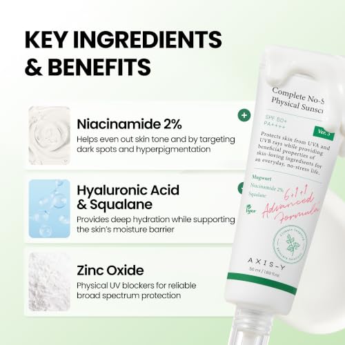 Image of AXIS-Y Complete No-Stress Physical Sunscreen V3 SPF 50 - Mineral Face Sunscreen with Zinc Oxide & 2% Niacinamide - UVA Protection, Lightweight Moisturizing Korean Sunscreen (1.69 fl oz)